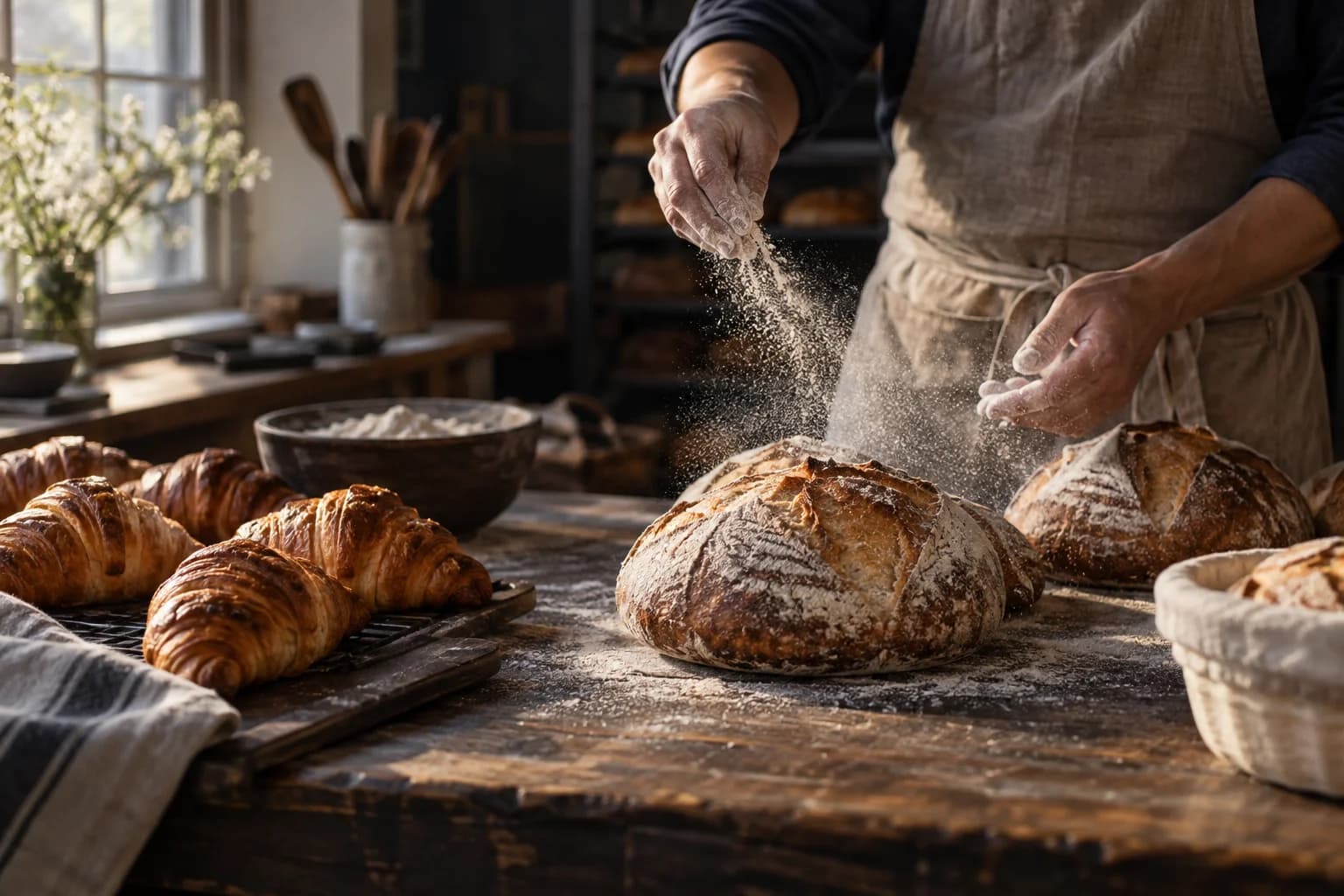 An artisan dusting flour over freshly baked sourdough in morning light