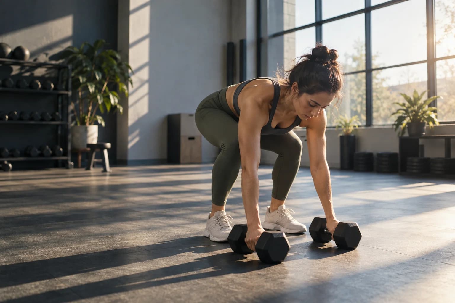 An athlete preparing a dumbbell workout in a sunlit neighborhood studio