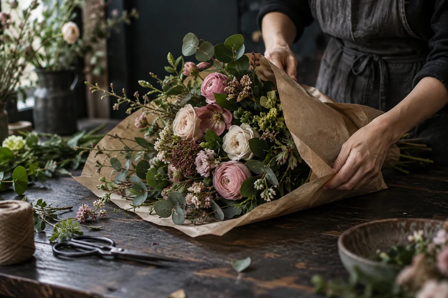 A florist wrapping a bouquet of roses and greenery by hand