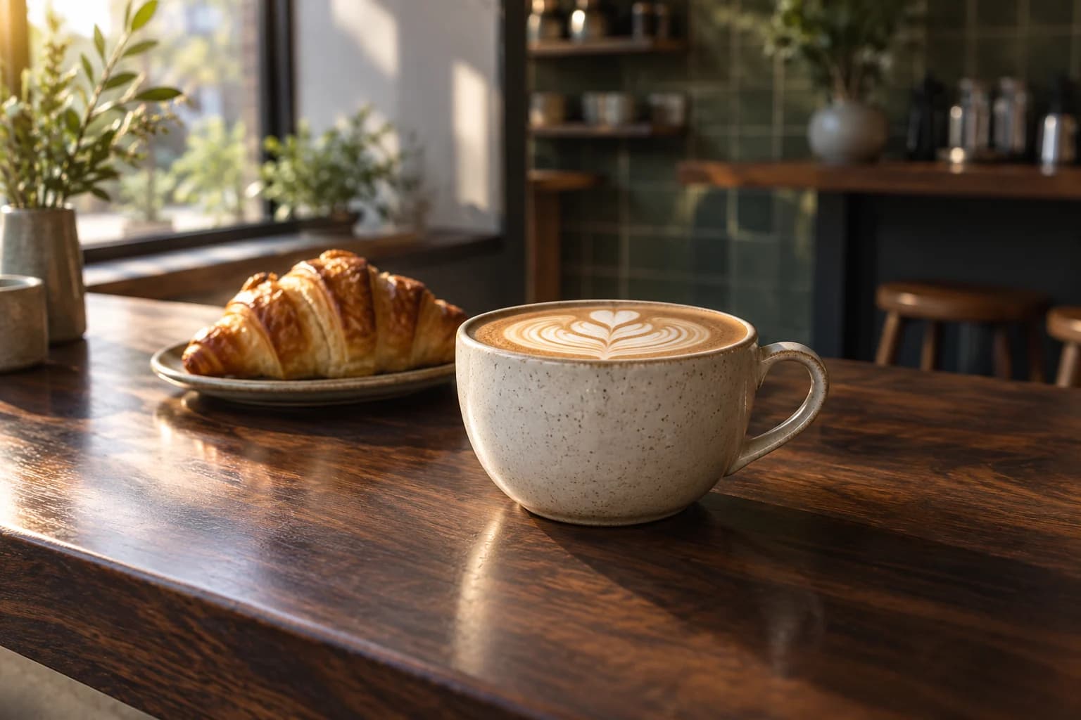 Morning light on a cappuccino in a ceramic cup at a café